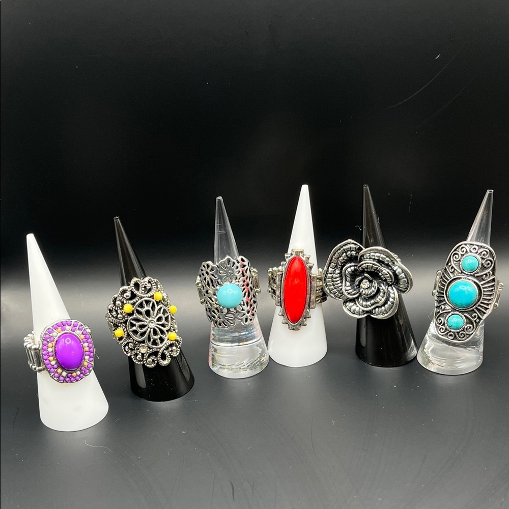 6 Stretchy, Boho Silver-Tone Women’s Rings - Turquoise, Red, Purple